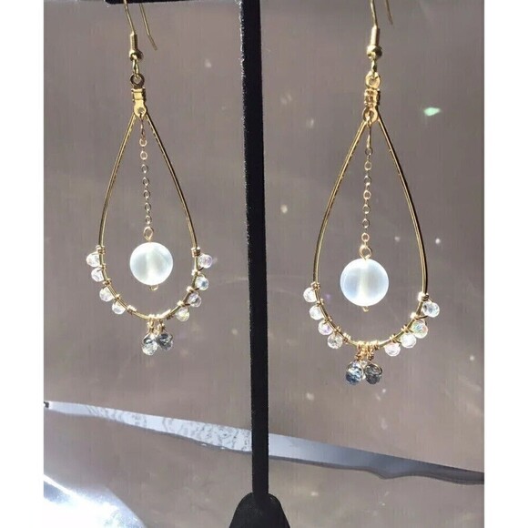 Handmade Wire Wrapped Dangle Earrings Sparkle Iridescent Mermaid Boho - Picture 4 of 7